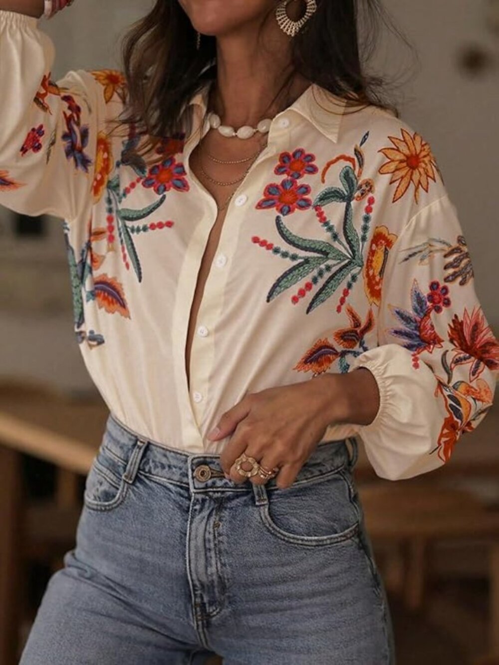 Women's Button Down Shirt Lantern Sleeve Tropical Floral Boho Blouse Dressy Top - Picture 3 of 3